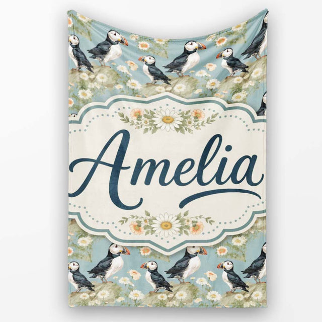 Puffin Birds Perched on Cliff with Floral Details Seamless Pattern  Personalised Custom Name Super Soft Fleece Blanket Bed Sofa Throw