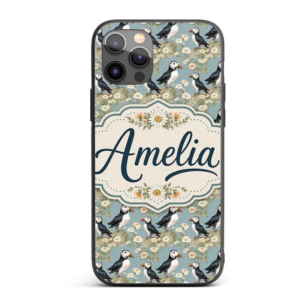 Puffin Birds Perched on Cliff with Floral Details Custom Name Protective Phone Case Mobile Cover Durable Everyday Smartphone Shock Resistant