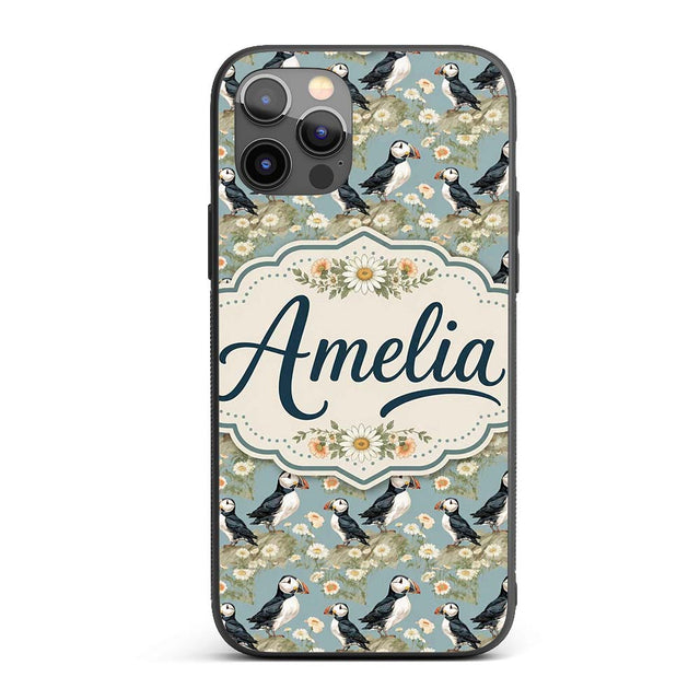 Puffin Birds Perched on Cliff with Floral Details Custom Name Protective Phone Case Mobile Cover Durable Everyday Smartphone Shock Resistant