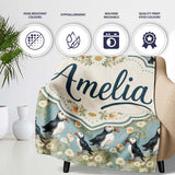 Puffin Birds Perched on Cliff with Floral Details Seamless Pattern  Personalised Custom Name Super Soft Fleece Blanket Bed Sofa Throw
