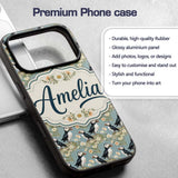 Puffin Birds Perched on Cliff with Floral Details Custom Name Protective Phone Case Mobile Cover Durable Everyday Smartphone Shock Resistant