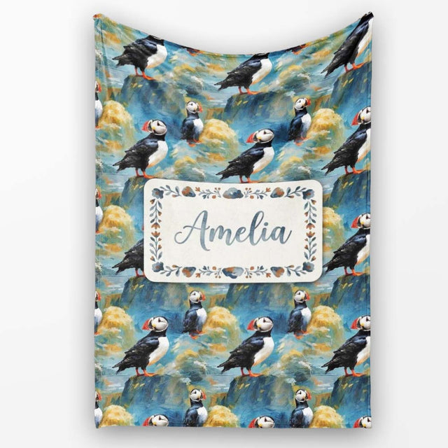 Artistic Puffin Birds on Rocky Landscape Seamless Pattern Lovely  Personalised Custom Name Super Soft Fleece Blanket Bed Sofa Throw
