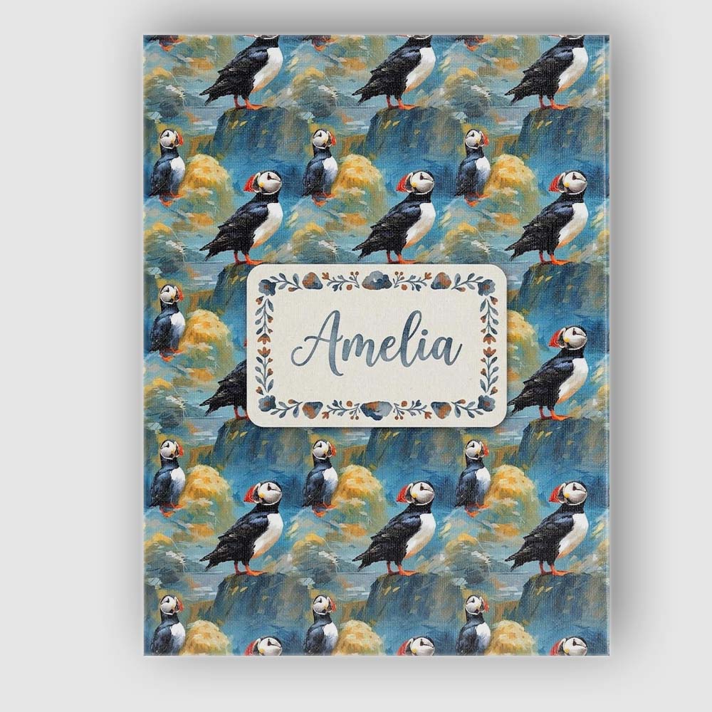 Personalised Name Artistic Puffin Birds on Custom  Unique Gift Idea Elegant Feature Canvas Wall Art Print Decor Picture Ready to Hang
