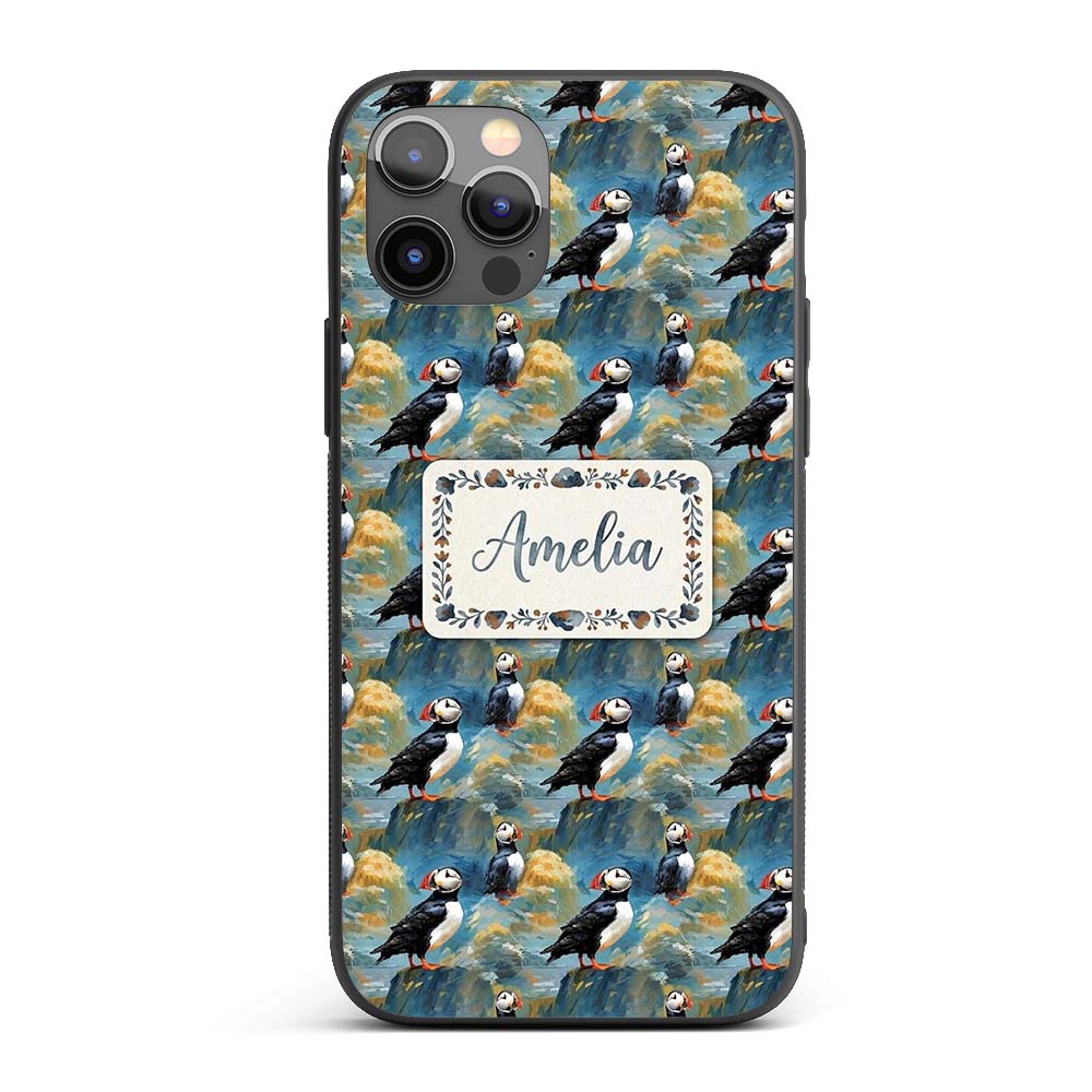 Artistic Puffin Birds on Rocky Landscape Seamless Custom Name Protective Phone Case Mobile Cover Durable Everyday Smartphone Shock Resistant