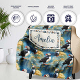 Artistic Puffin Birds on Rocky Landscape Seamless Pattern Lovely  Personalised Custom Name Super Soft Fleece Blanket Bed Sofa Throw