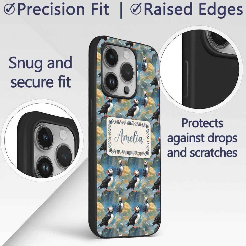 Artistic Puffin Birds on Rocky Landscape Seamless Custom Name Protective Phone Case Mobile Cover Durable Everyday Smartphone Shock Resistant