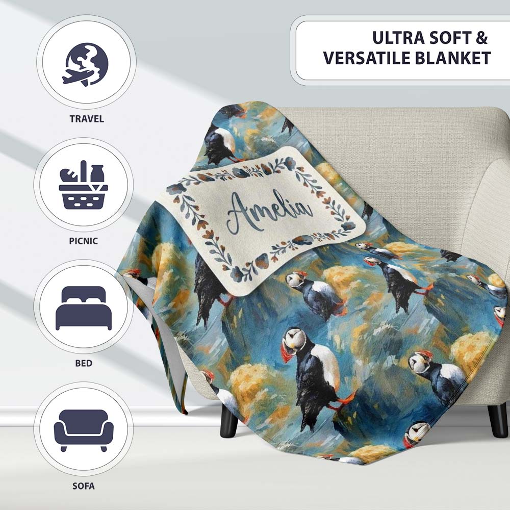 Artistic Puffin Birds on Rocky Landscape Seamless Pattern Lovely  Personalised Custom Name Super Soft Fleece Blanket Bed Sofa Throw