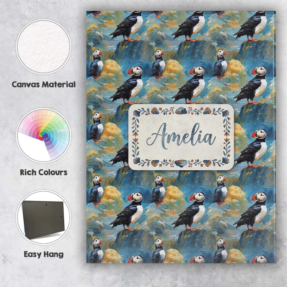 Personalised Name Artistic Puffin Birds on Custom  Unique Gift Idea Elegant Feature Canvas Wall Art Print Decor Picture Ready to Hang