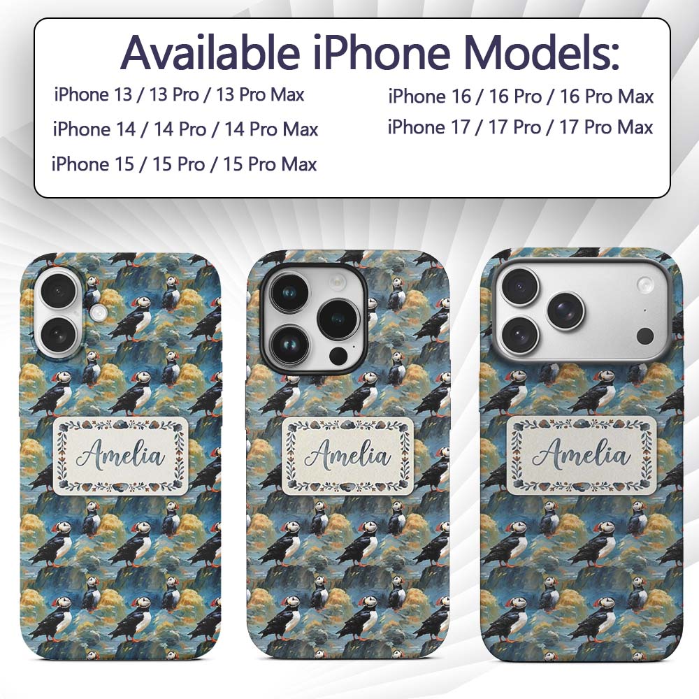 Artistic Puffin Birds on Rocky Landscape Seamless Custom Name Protective Phone Case Mobile Cover Durable Everyday Smartphone Shock Resistant