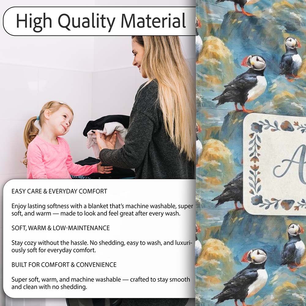 Artistic Puffin Birds on Rocky Landscape Seamless Pattern Lovely  Personalised Custom Name Super Soft Fleece Blanket Bed Sofa Throw