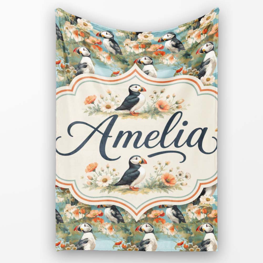 Vintage Style Puffin Birds with Floral Garden Seamless Pattern  Personalised Custom Name Super Soft Fleece Blanket Bed Sofa Throw