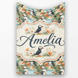Vintage Style Puffin Birds with Floral Garden Seamless Pattern  Personalised Custom Name Super Soft Fleece Blanket Bed Sofa Throw
