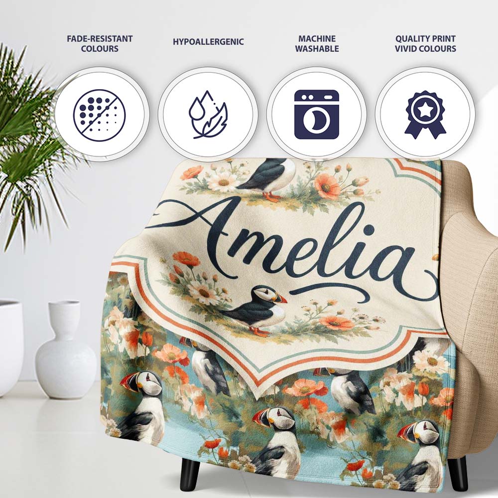 Vintage Style Puffin Birds with Floral Garden Seamless Pattern  Personalised Custom Name Super Soft Fleece Blanket Bed Sofa Throw