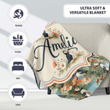 Vintage Style Puffin Birds with Floral Garden Seamless Pattern  Personalised Custom Name Super Soft Fleece Blanket Bed Sofa Throw