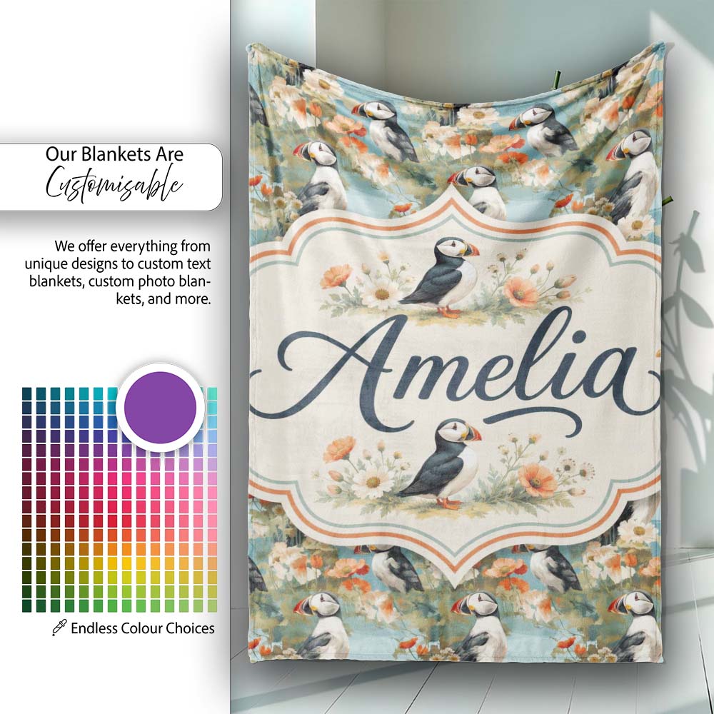 Vintage Style Puffin Birds with Floral Garden Seamless Pattern  Personalised Custom Name Super Soft Fleece Blanket Bed Sofa Throw