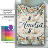 Vintage Style Puffin Birds with Floral Garden Seamless Pattern  Personalised Custom Name Super Soft Fleece Blanket Bed Sofa Throw