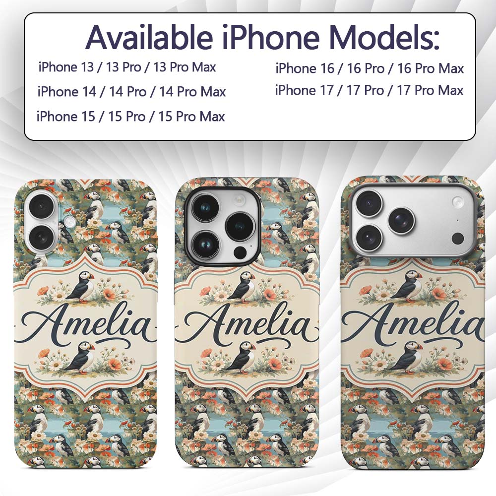 Vintage Style Puffin Birds with Floral Garden Custom Name Protective Phone Case Mobile Cover Durable Everyday Smartphone Shock Resistant