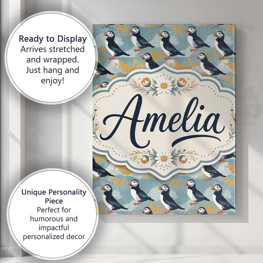 Personalised Name Minimal Puffin Birds with Custom  Bespoke Interior Contemporary Canvas Wall Art Print Decor Picture Ready to Hang