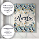 Personalised Name Minimal Puffin Birds with Custom  Bespoke Interior Contemporary Canvas Wall Art Print Decor Picture Ready to Hang