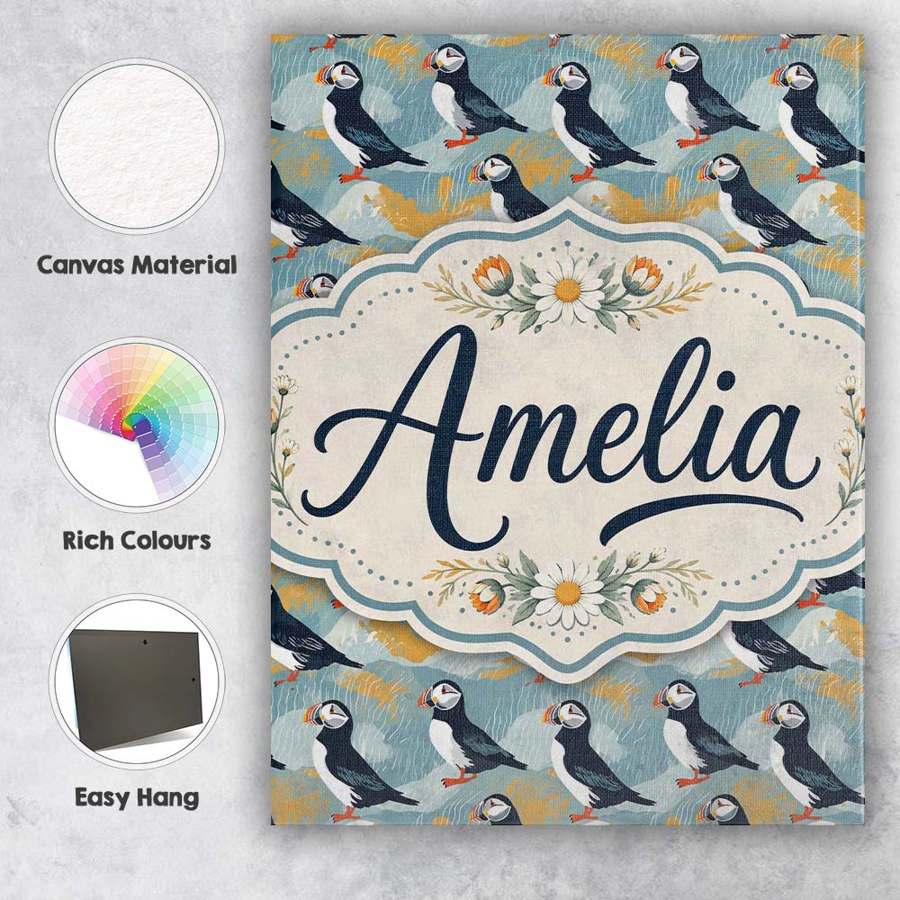 Personalised Name Minimal Puffin Birds with Custom  Bespoke Interior Contemporary Canvas Wall Art Print Decor Picture Ready to Hang