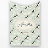 Cute Puffin Birds with Soft Cloud Background Seamless Pattern Lovely  Personalised Custom Name Super Soft Fleece Blanket Bed Sofa Throw