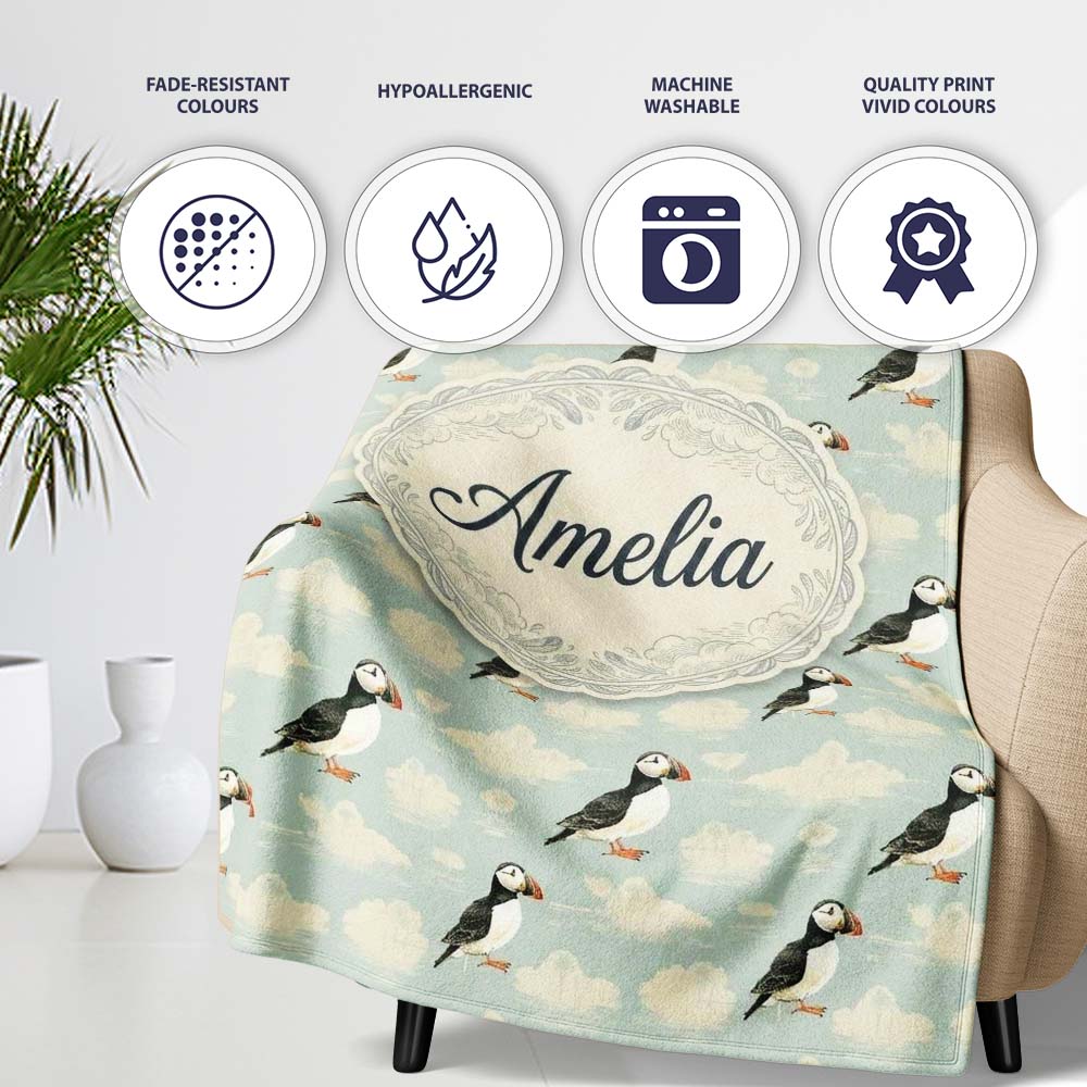 Cute Puffin Birds with Soft Cloud Background Seamless Pattern Lovely  Personalised Custom Name Super Soft Fleece Blanket Bed Sofa Throw