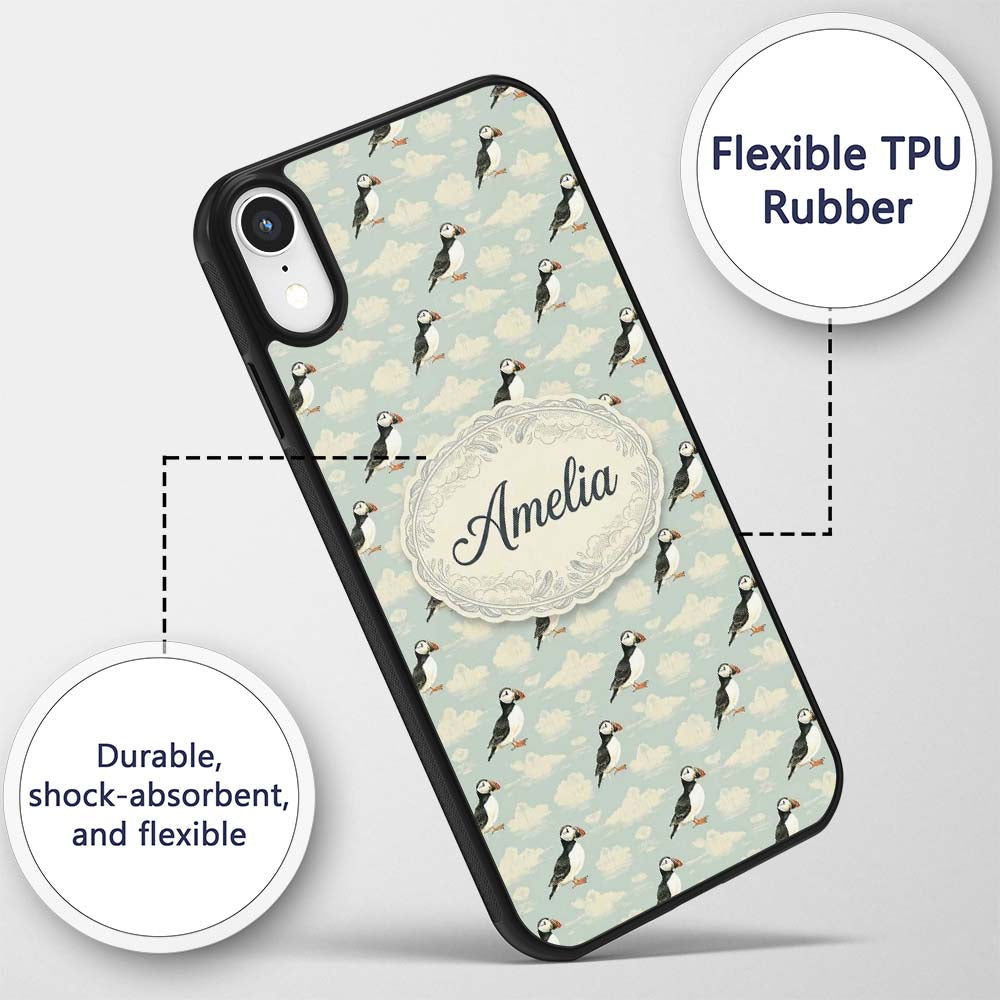 Cute Puffin Birds with Soft Cloud Background Custom Name Protective Phone Case Mobile Cover Durable Everyday Smartphone Shock Resistant