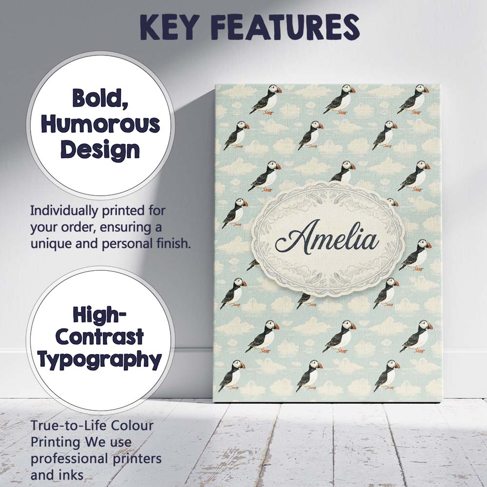 Personalised Name Cute Puffin Birds with Custom  Unique Gift Idea Elegant Feature Canvas Wall Art Print Decor Picture Ready to Hang