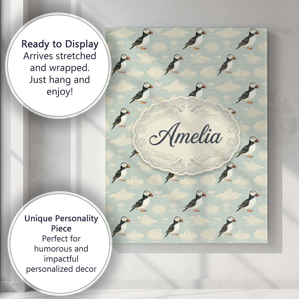 Personalised Name Cute Puffin Birds with Custom  Unique Gift Idea Elegant Feature Canvas Wall Art Print Decor Picture Ready to Hang