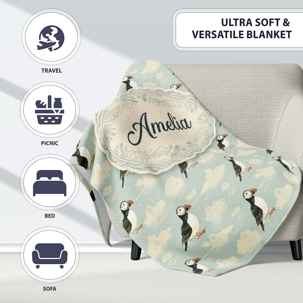 Cute Puffin Birds with Soft Cloud Background Seamless Pattern Lovely  Personalised Custom Name Super Soft Fleece Blanket Bed Sofa Throw
