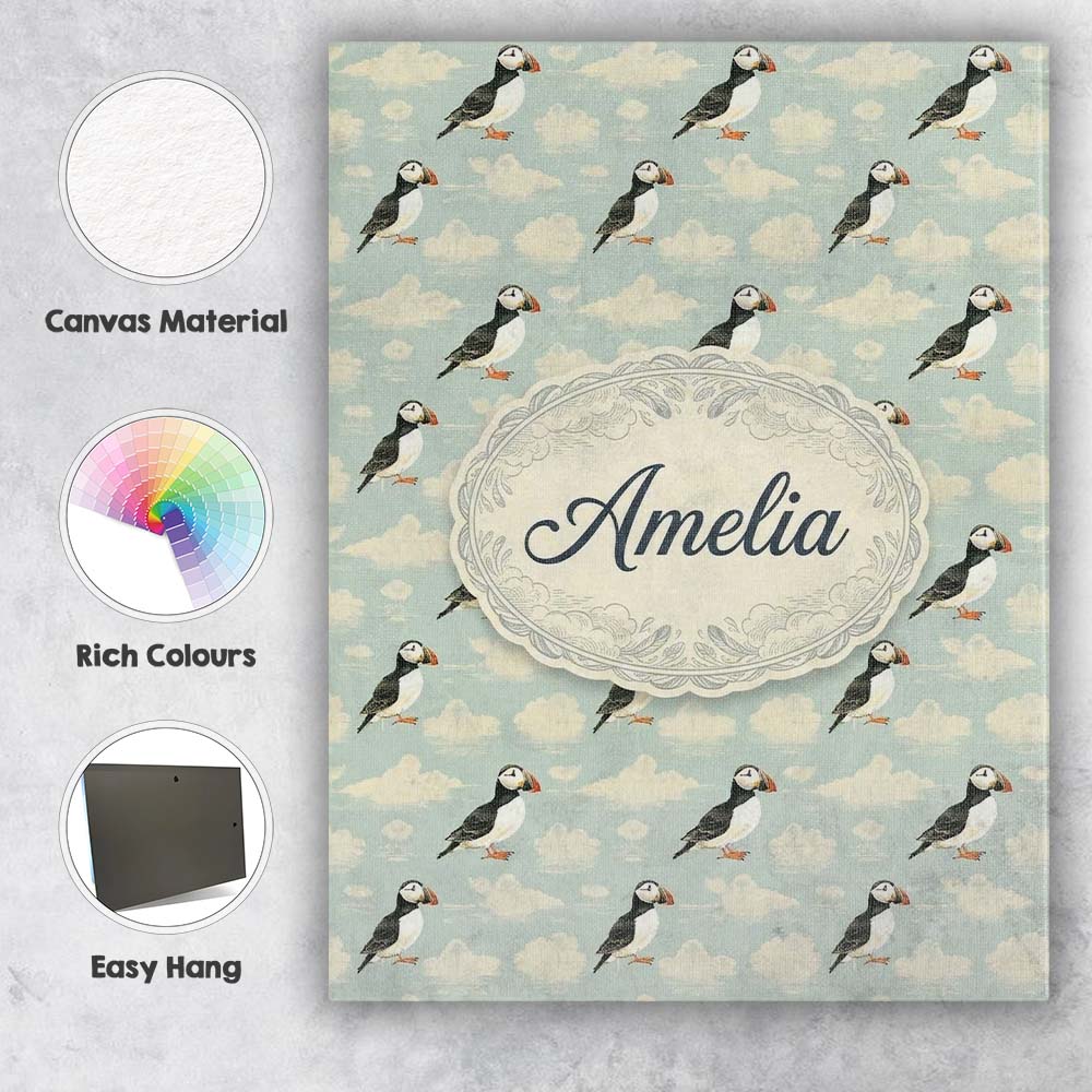 Personalised Name Cute Puffin Birds with Custom  Unique Gift Idea Elegant Feature Canvas Wall Art Print Decor Picture Ready to Hang