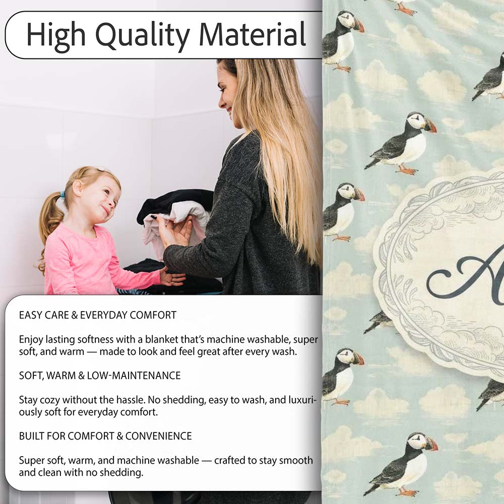 Cute Puffin Birds with Soft Cloud Background Seamless Pattern Lovely  Personalised Custom Name Super Soft Fleece Blanket Bed Sofa Throw