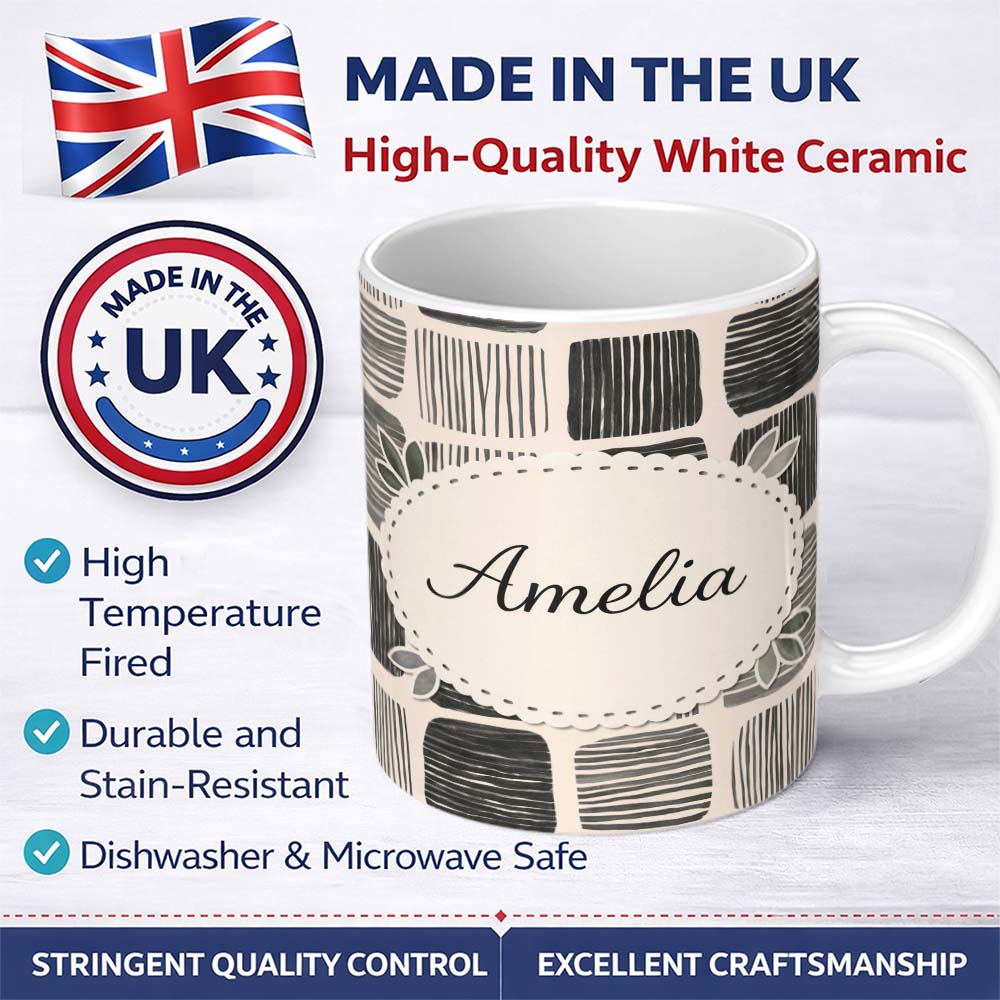 Personalized Custom Name Mixed Stripe Blocks Black Grey Textured Patch Pattern Lovely 11oz Ceramic Coffee Tea Mug White Large Handle