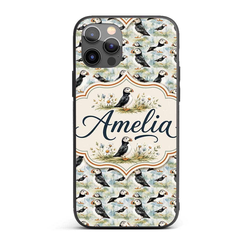 Cute Puffin Birds Watercolor Seamless Pattern Custom Name Protective Phone Case Mobile Cover Durable Everyday Smartphone Shock Resistant