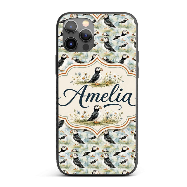 Cute Puffin Birds Watercolor Seamless Pattern Custom Name Protective Phone Case Mobile Cover Durable Everyday Smartphone Shock Resistant