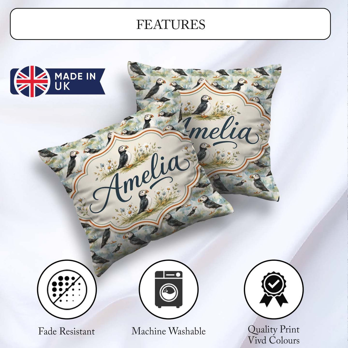 Custom Name Cute Puffin Birds Watercolor Seamless Pattern Nature Square Filled Cushion Throw Pillow Sofa Bed Home Decor Zip Washable UK Made