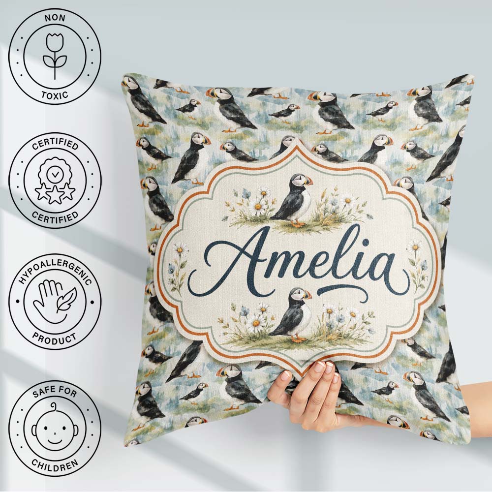 Custom Name Cute Puffin Birds Watercolor Seamless Pattern Nature Square Filled Cushion Throw Pillow Sofa Bed Home Decor Zip Washable UK Made