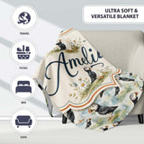 Cute Puffin Birds Watercolor Seamless Pattern Coastal Nature Lovely  Personalised Custom Name Super Soft Fleece Blanket Bed Sofa Throw