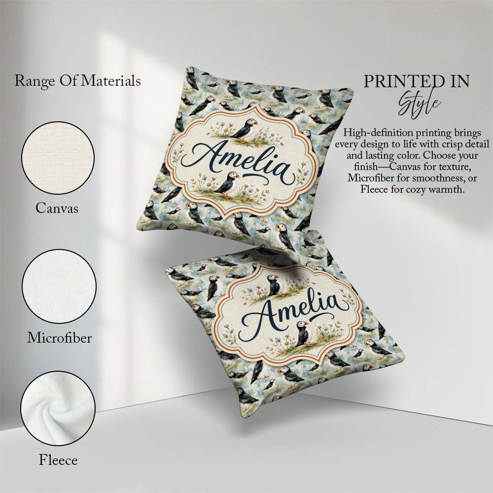 Custom Name Cute Puffin Birds Watercolor Seamless Pattern Nature Square Filled Cushion Throw Pillow Sofa Bed Home Decor Zip Washable UK Made
