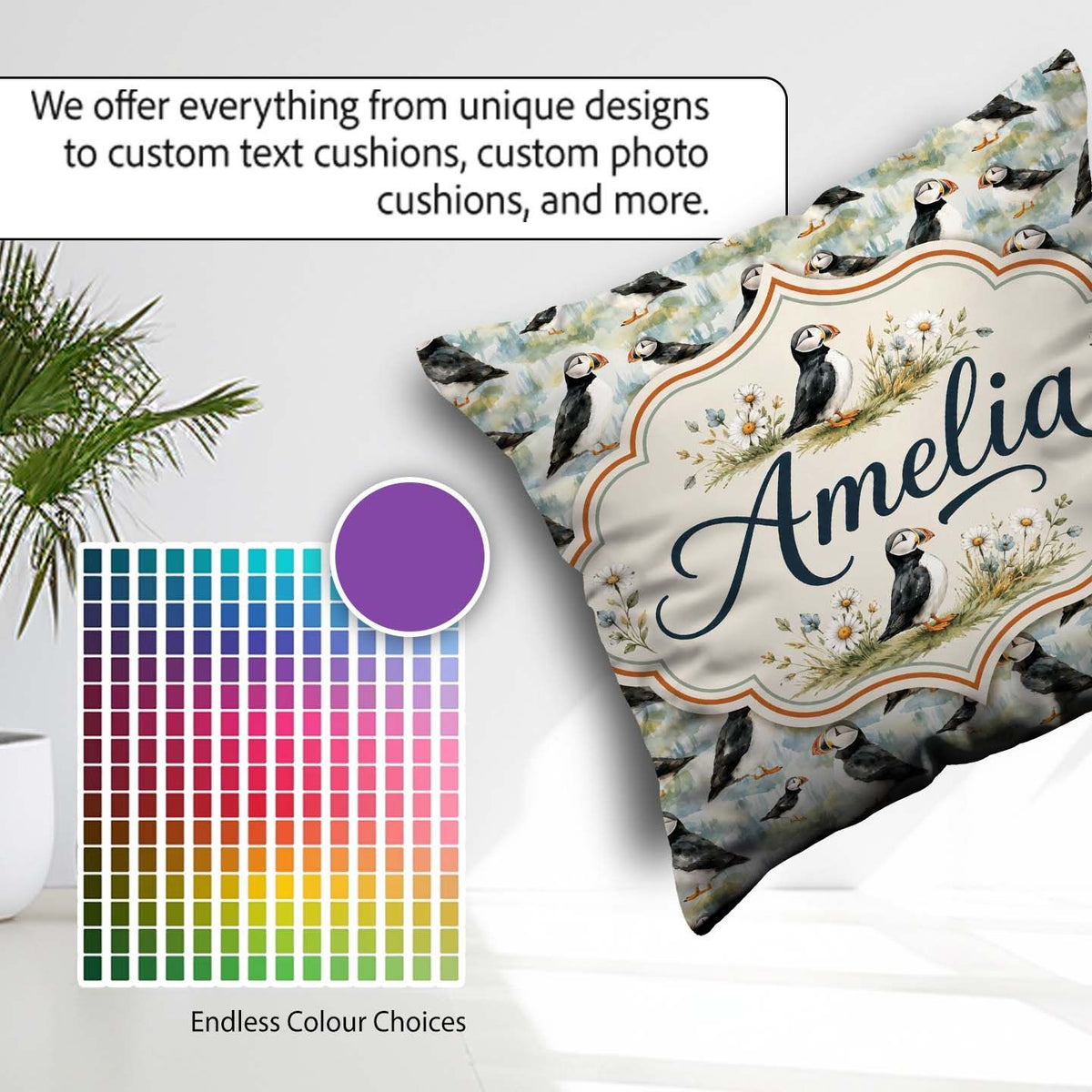 Custom Name Cute Puffin Birds Watercolor Seamless Pattern Nature Square Filled Cushion Throw Pillow Sofa Bed Home Decor Zip Washable UK Made