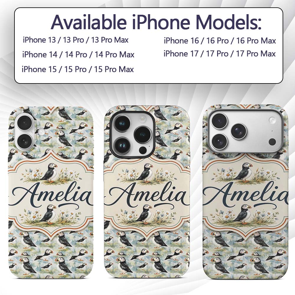 Cute Puffin Birds Watercolor Seamless Pattern Custom Name Protective Phone Case Mobile Cover Durable Everyday Smartphone Shock Resistant