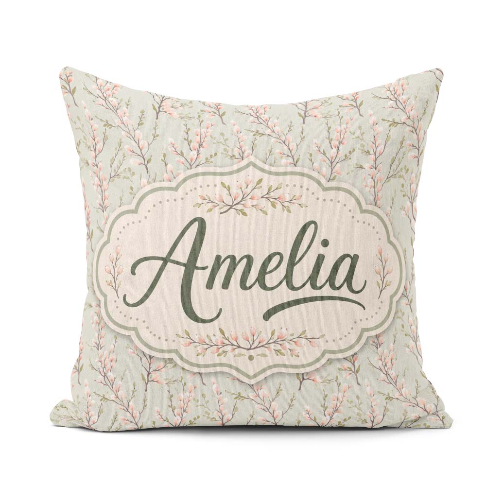 Custom Name Delicate Pink Blossom Branches Seamless Pattern Soft Square Filled Cushion Throw Pillow Sofa Bed Home Decor Zip Washable UK Made