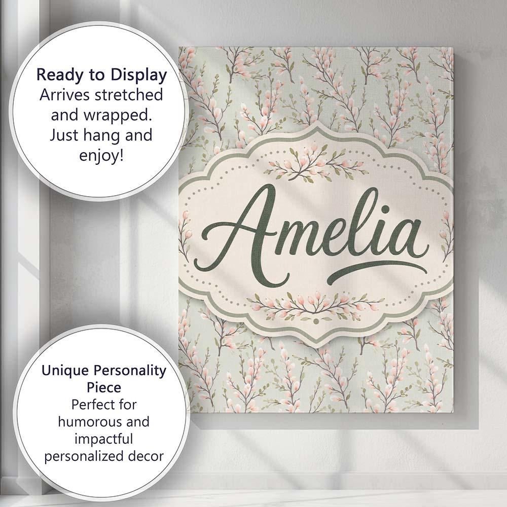 Personalised Name Delicate Pink Blossom Custom  Modern Room Accent Elegant Feature Canvas Wall Art Print Decor Picture Ready to Hang