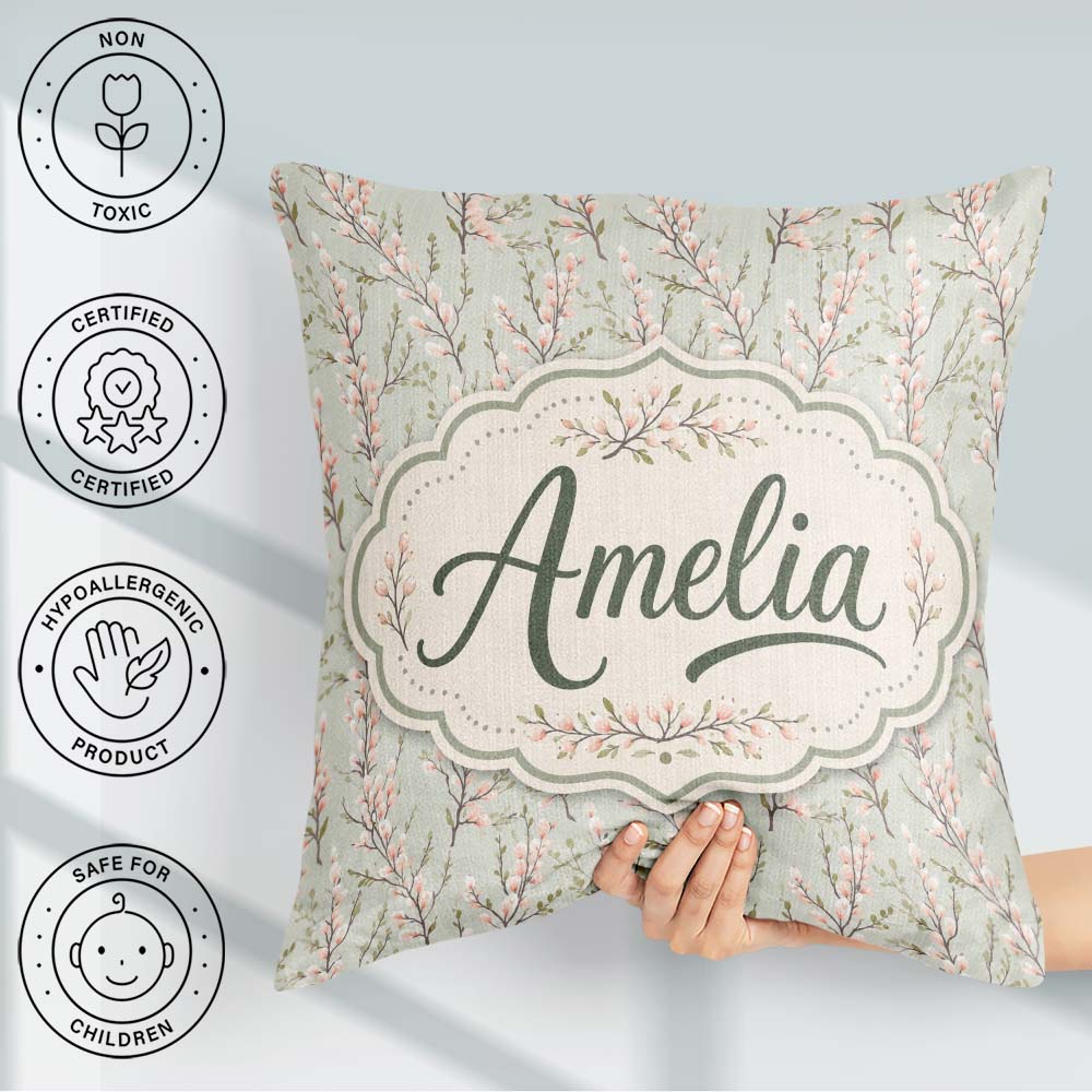 Custom Name Delicate Pink Blossom Branches Seamless Pattern Soft Square Filled Cushion Throw Pillow Sofa Bed Home Decor Zip Washable UK Made