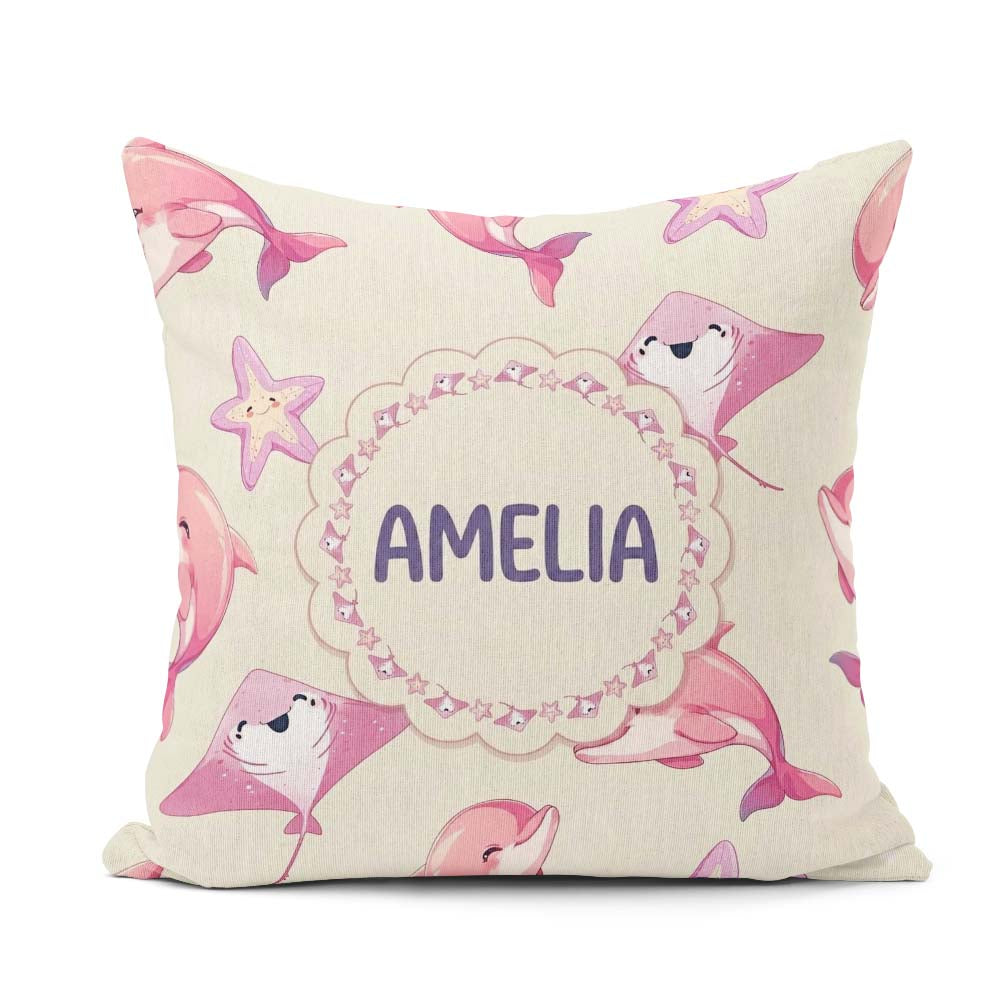 Custom Name Pink Dolphins and Starfish Seamless Ocean Soft Beige Square Filled Cushion Throw Pillow Sofa Bed Home Decor Zip Washable UK Made