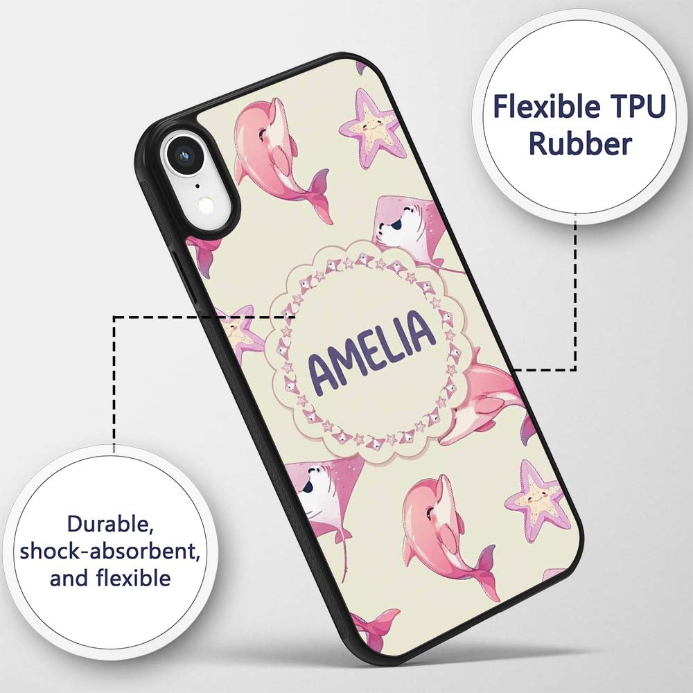 Cute Pink Dolphins and Starfish Seamless Ocean Custom Name Protective Phone Case Mobile Cover Durable Everyday Smartphone Shock Resistant