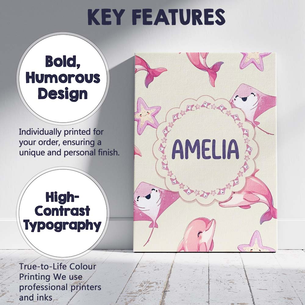 Personalised Name Cute Pink Dolphins and Custom  Unique Gift Idea Elegant Feature Canvas Wall Art Print Decor Picture Ready to Hang