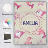 Personalised Name Cute Pink Dolphins and Custom  Unique Gift Idea Elegant Feature Canvas Wall Art Print Decor Picture Ready to Hang