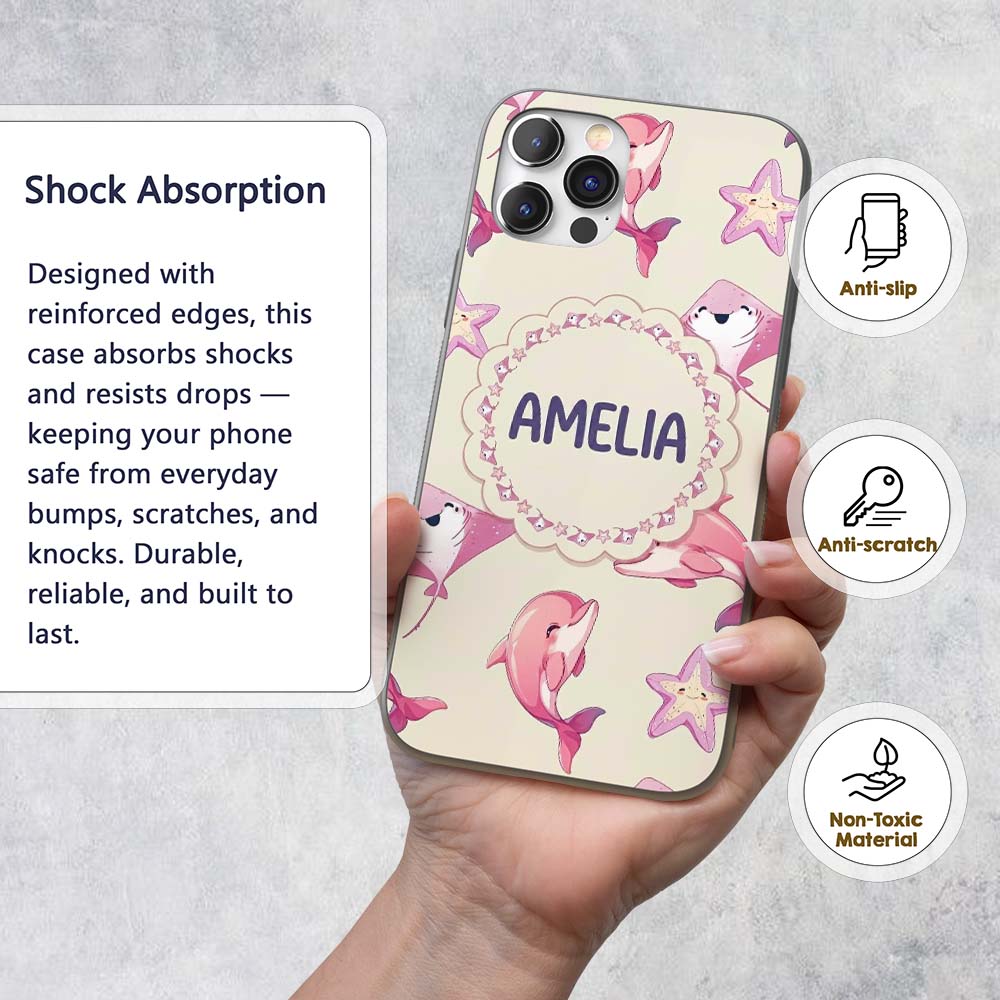 Cute Pink Dolphins and Starfish Seamless Ocean Custom Name Protective Phone Case Mobile Cover Durable Everyday Smartphone Shock Resistant