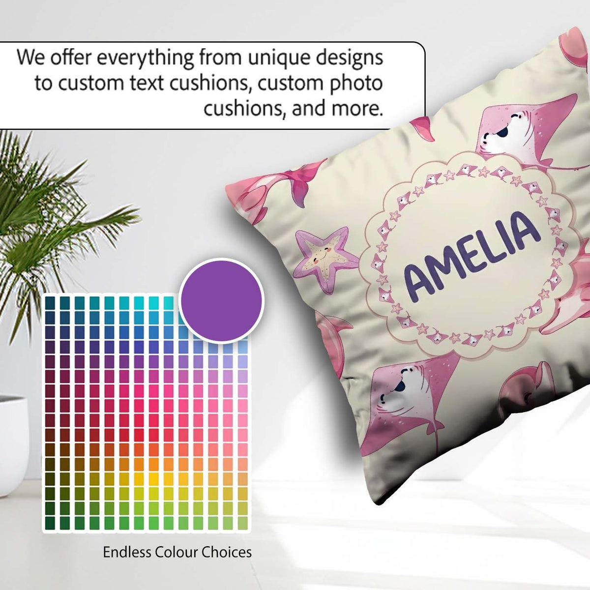 Custom Name Pink Dolphins and Starfish Seamless Ocean Soft Beige Square Filled Cushion Throw Pillow Sofa Bed Home Decor Zip Washable UK Made